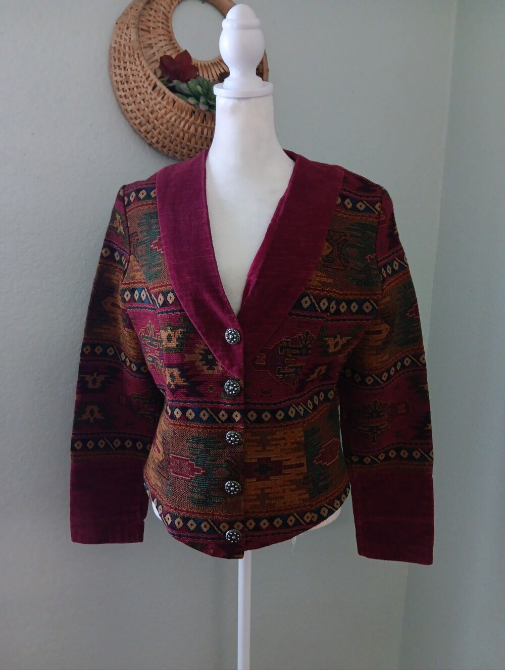 New Frontier Burgundy Patterned Velvet-Trim Blazer